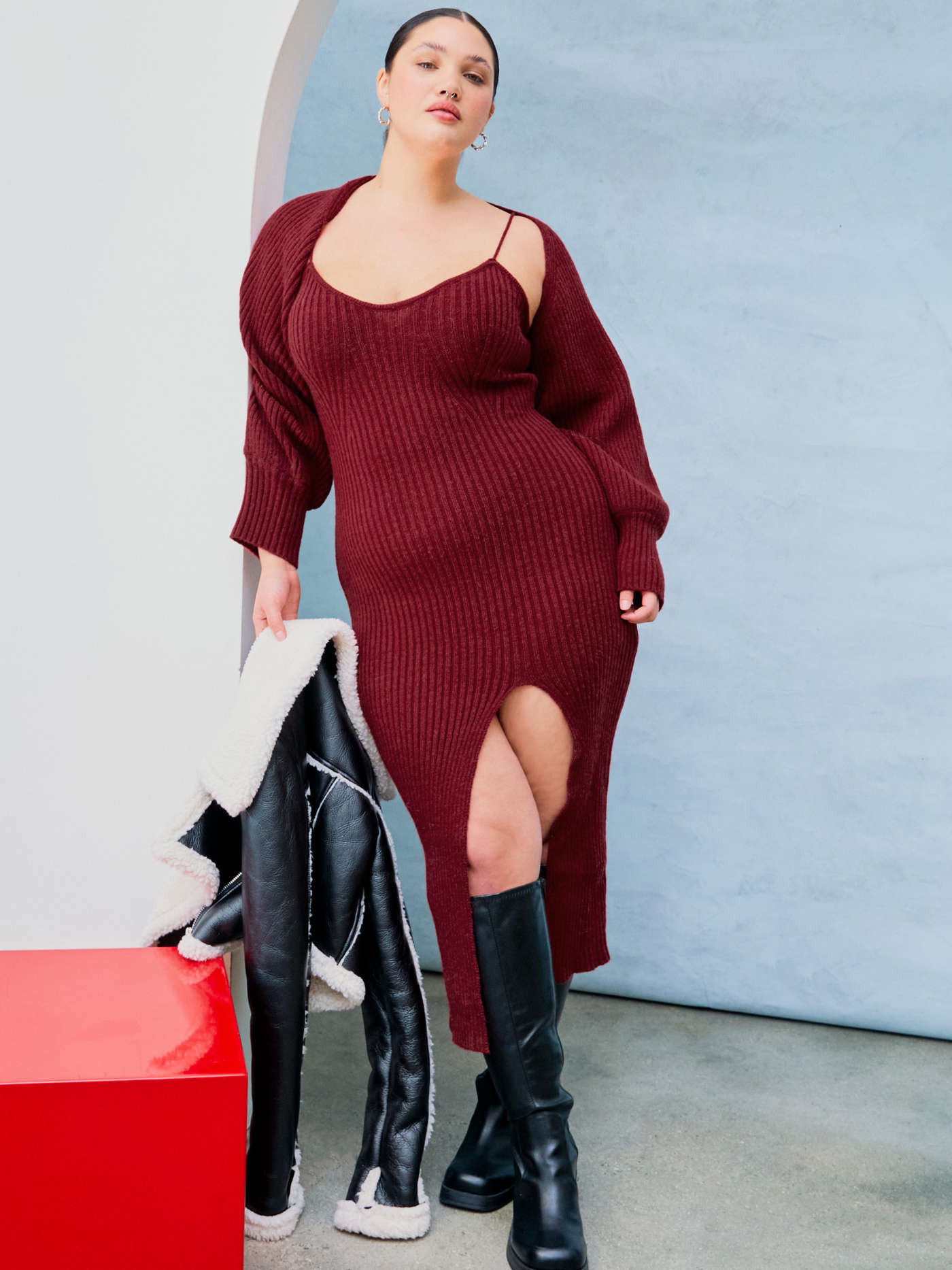Knit Solid Cami Split Midi Dress & Crop Top Curve & Plus | Cider
