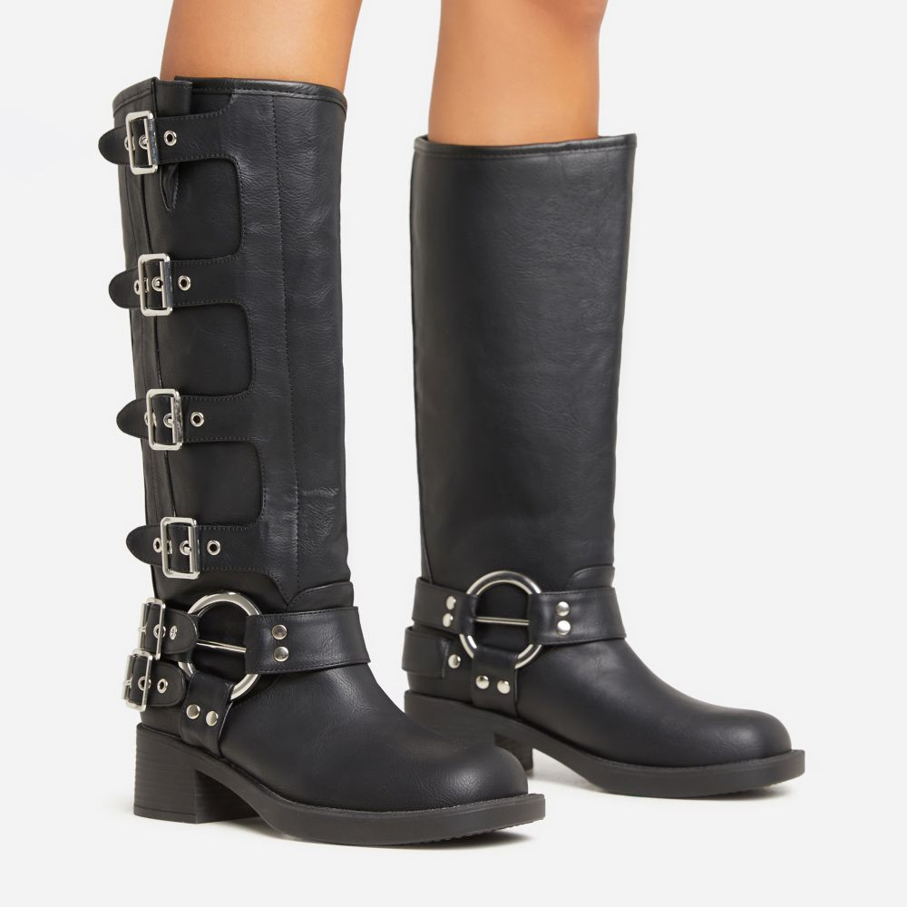 Buckle-Down Side Buckle Detail Mid Calf Biker Boot In Black Faux Leather | EGO Shoes (US & Canada)