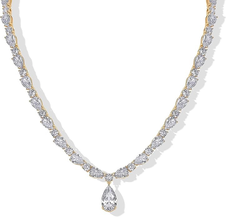 PAVOI 14K Gold Plated Pear Tennis Necklaces for Women, CZ Pendant Necklace | Amazon (US)