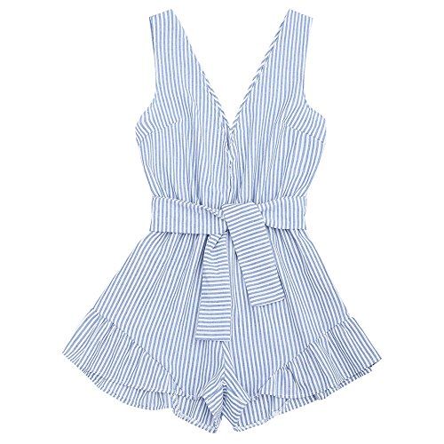 Amordaily Plunging Neck Belted Striped Romper - Blue Stripe S | Amazon (US)