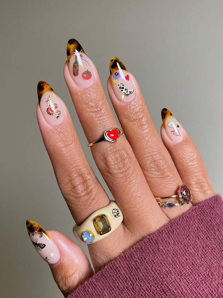 24pcs Almond Leopard Print French Tip Press On Nails With Heart, Wine Glass, High Heels, Dragon, Butterfly And Flower Pattern Design,European And American Sweet And Cool Style, Easy To Wear Acrylic False Nail Set,Contain 1pc Jelly Glue And 1pc Nail File, Suitable For Women And Girls Daily Life And All Kinds Of Party Use | SHEIN