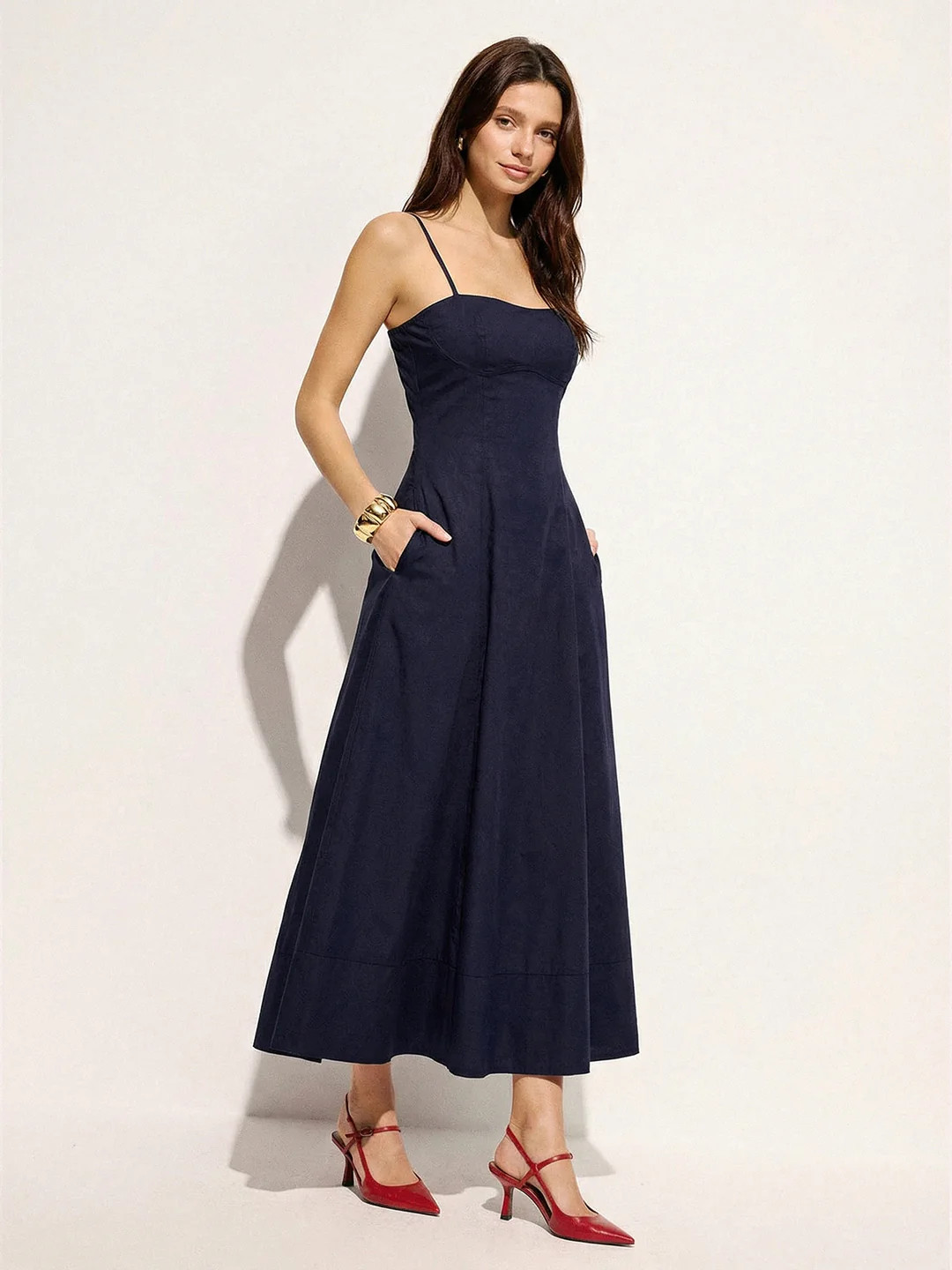 Cotton Blend Pocketed Cami Flared Maxi Dress | Commense