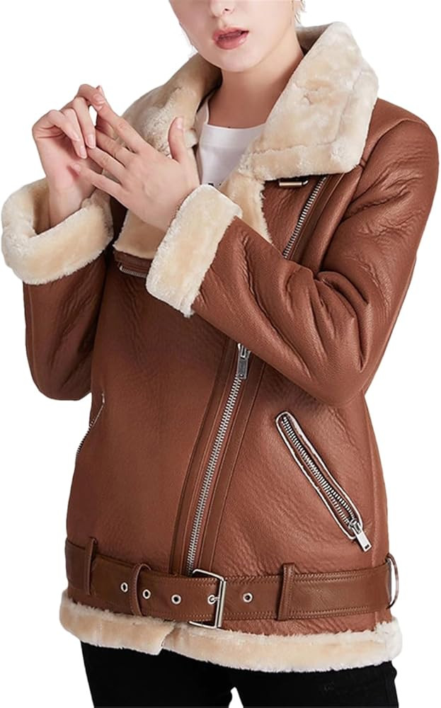 Fnfmrfmr Women Faux Leather Jacket Long Sleeve Lapel Zipper Belt Thicken Warm Office Lady Coat | Amazon (US)