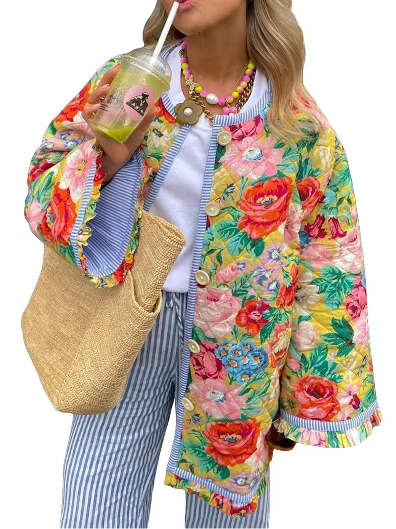 Lnzyyephy Women Winter Loose Quilted Jacket Floral Print Button Down Long Sleeve Padded Coat Warm... | Walmart (US)