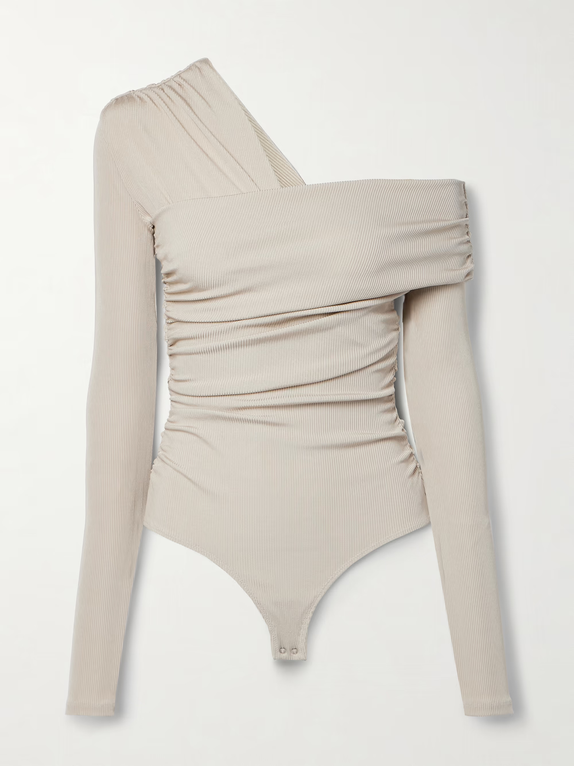 GOLDSIGNThe Fonteyn off-the-shoulder ruched ribbed stretch-jersey thong bodysuit | NET-A-PORTER APAC