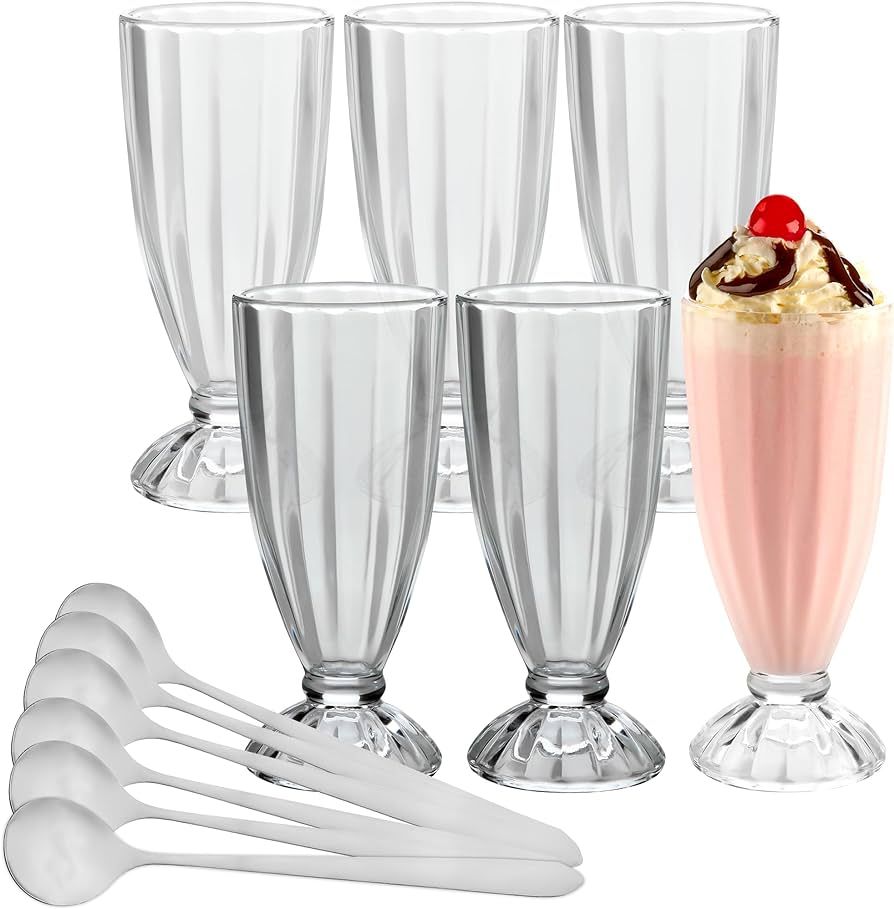 PARNOO Milkshake Glasses - American Retro Style Ice Cream Sundae Glasses with 6 Stainless Steel S... | Amazon (US)