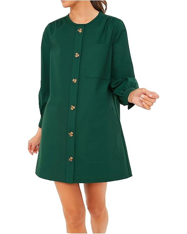 Women's Button Down Mini Dress Crewneck Long Puff Sleeve Loose Fit Shift Dresses with Pockets | Amazon (US)
