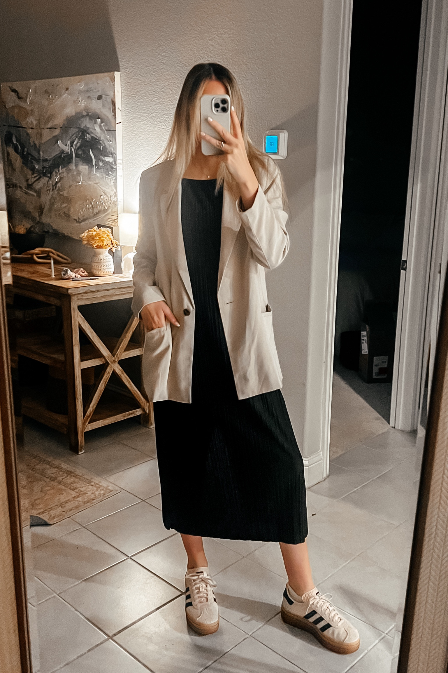 Work ootd. Loving this plisse dress from target paired with a blazer and sneakers! Such a good basic for $20!

Workwear inspo 
Work outfits
Spring style 
Sweater top 
Adidas gazelle bold 
Cool girl trend 
Trend outfit
Mom style 
Corporate style 
Office outfit spring 

#LTKworkwear #LTKsalealert #LTKstyletip

#LTKWorkwear #LTKStyleTip #LTKFindsUnder50