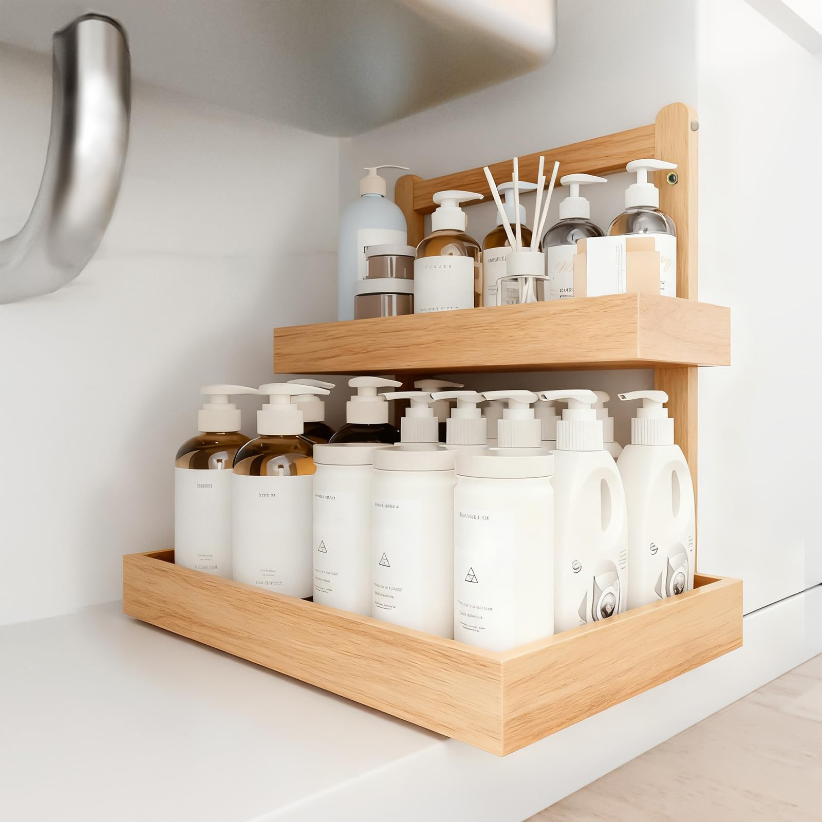 2-Tier Under Sink Pull Out Organizer, Bamboo Cabinet Storage Shelf with Adjustable Height, 9 Inch... | Amazon (US)