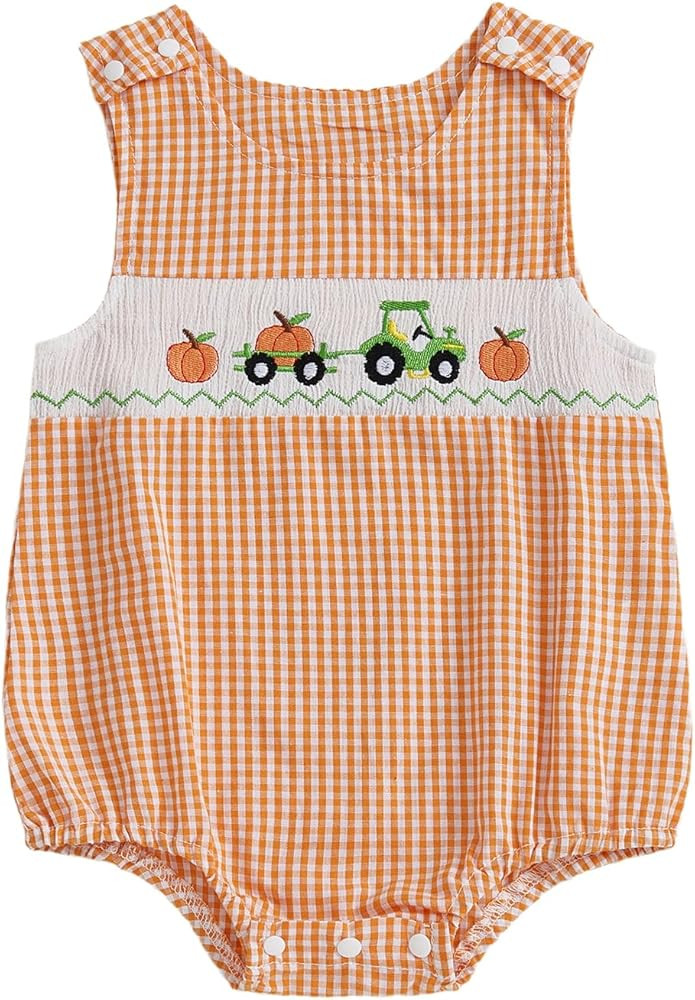 Newborn Baby Boy Halloween Outfit Pumpkin Truck/Tractor Embroidered Smocked Bubble Romper Sleevel... | Amazon (US)