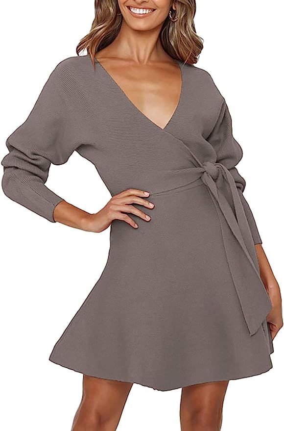 Meenew Women's Wrap V Neck Sweater Dress Tie Waist Long Sleeve Mini Swing Dress | Amazon (US)