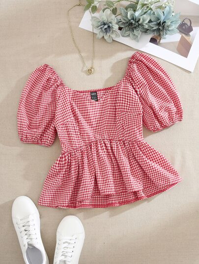 Trelyra Women's Plaid Sweetheart Collar Raglan Short Puff Sleeve Ruffle Hem Fashionable Blous... | SHEIN