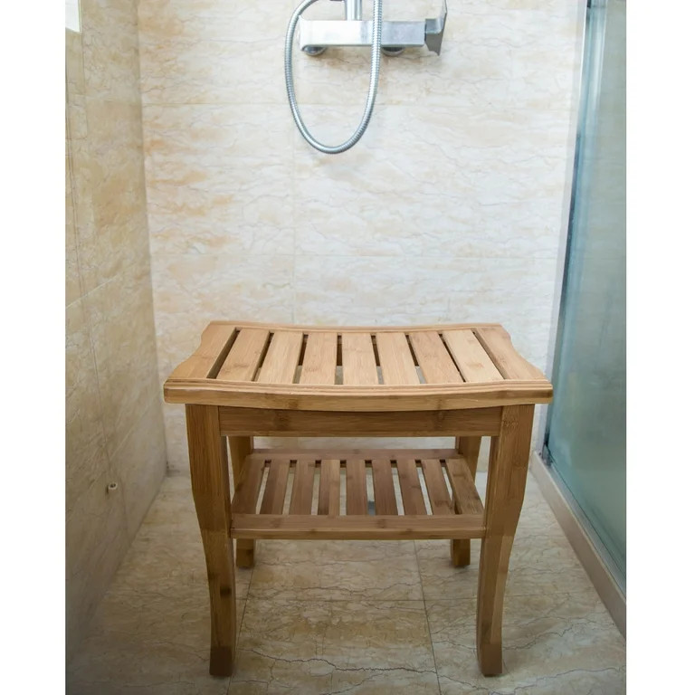 Kinbor Bamboo Shower Bench Bath Spa Seat W/Storage Shelf Organizer Stool | Walmart (US)