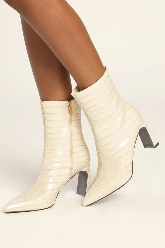 Layori Ivory Crocodile-Embossed Mid-Calf High Heel Boots | Lulus (US)