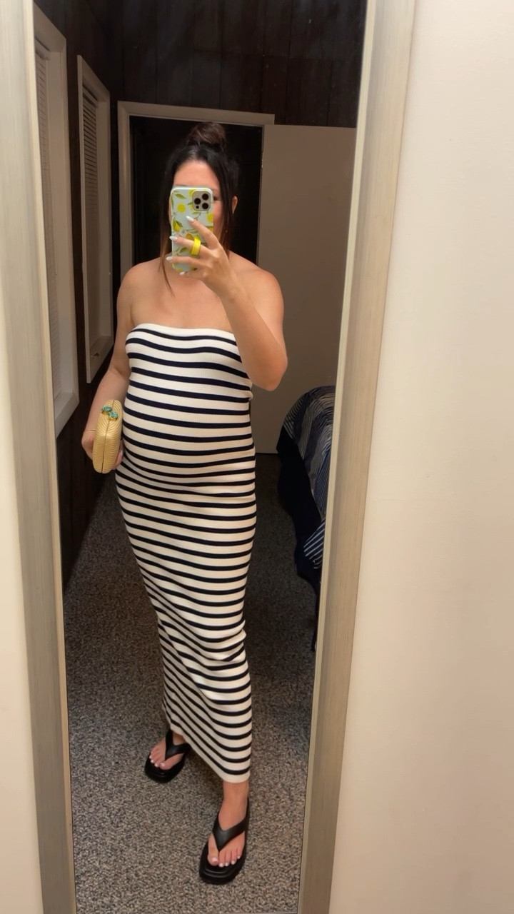 Bump friendly maternity sweater dress, strapless dress, maxi dress, black and white stripe dress, black platform flip flop sandals, coastal outfit, fall transition outfit

Wearing size large in dress but could have sized down to medium

#LTKSeasonal #LTKshoecrush #LTKbump