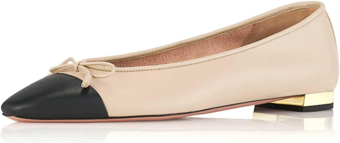 Women's Square Toe Ballet Flats 1 CM Flat Heel Shoes Two Tone Slip On Bowknot Dress Flats for Wom... | Amazon (US)