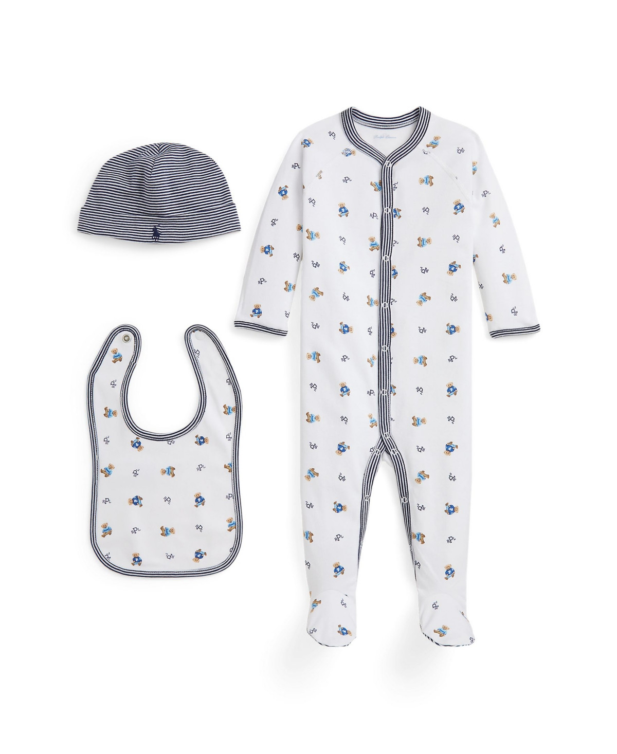 Polo Ralph Lauren Baby Boys 3-Piece Bear Motif Coverall, Bib and Beanie Gift Set - White Blue Multi | Macy's
