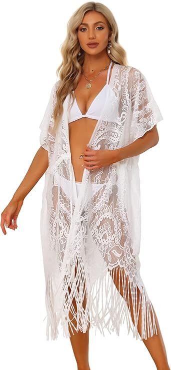 Allegra K Women's Lace Cardigan Mesh Sheer Long Beach Cover Ups | Amazon (US)