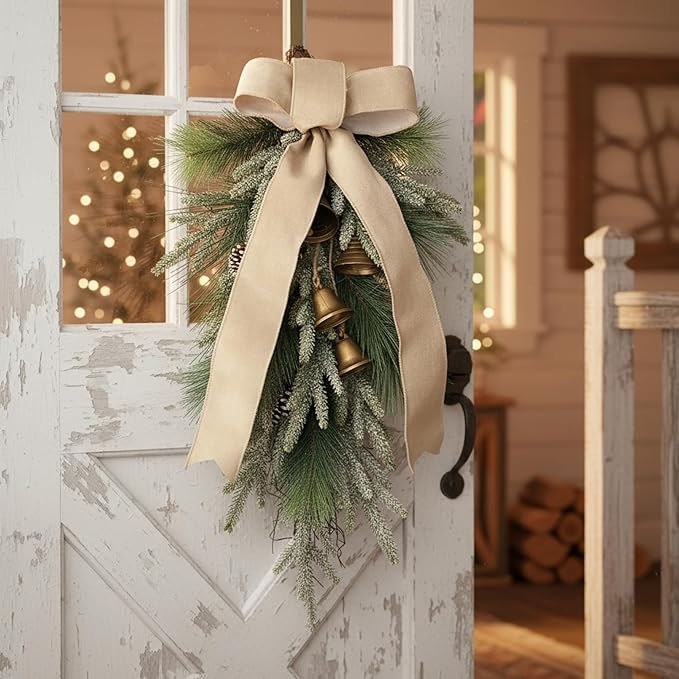 28'' Christmas Teardrop Swag with Velvet Bow Bells Greenery Teardrop Pine Wreath for Front Door R... | Amazon (US)