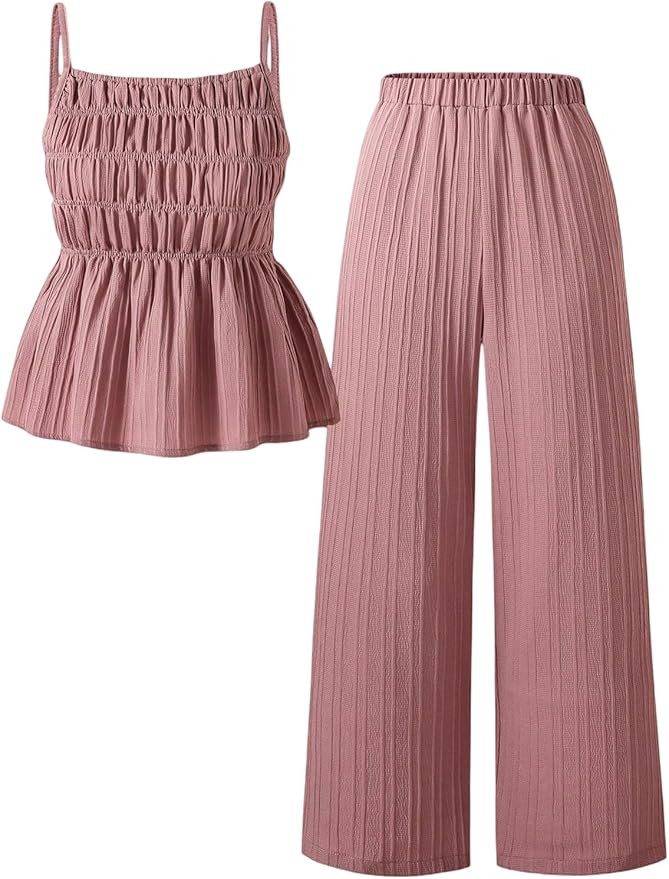 Verdusa Teen Girl's 2 Piece Textured Outfits Ruffle Tiered Camisole Tops with Pants Clothing Set ... | Amazon (US)