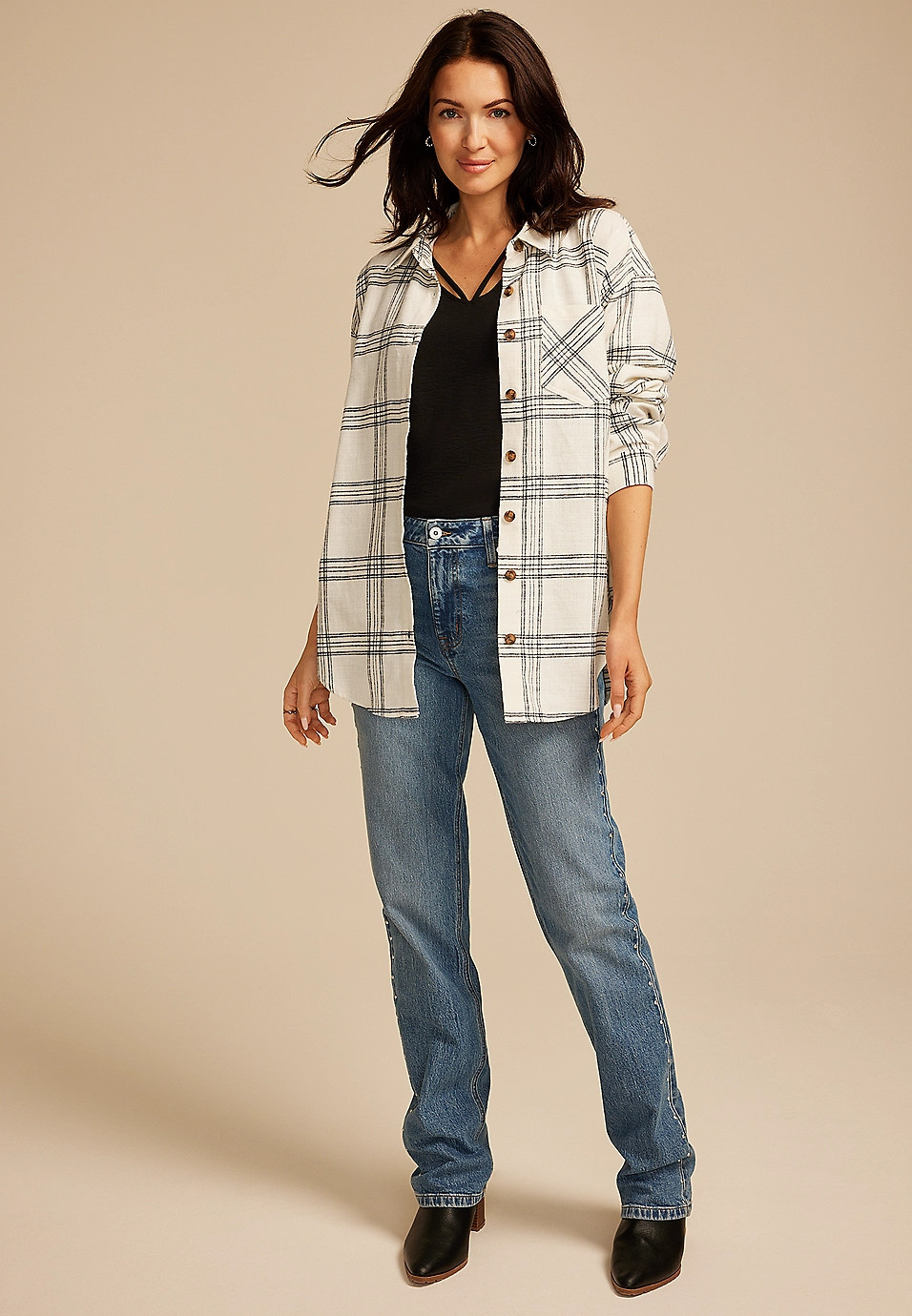 Cabin Plaid Boyfriend Tunic Button Down Shirt | Maurices