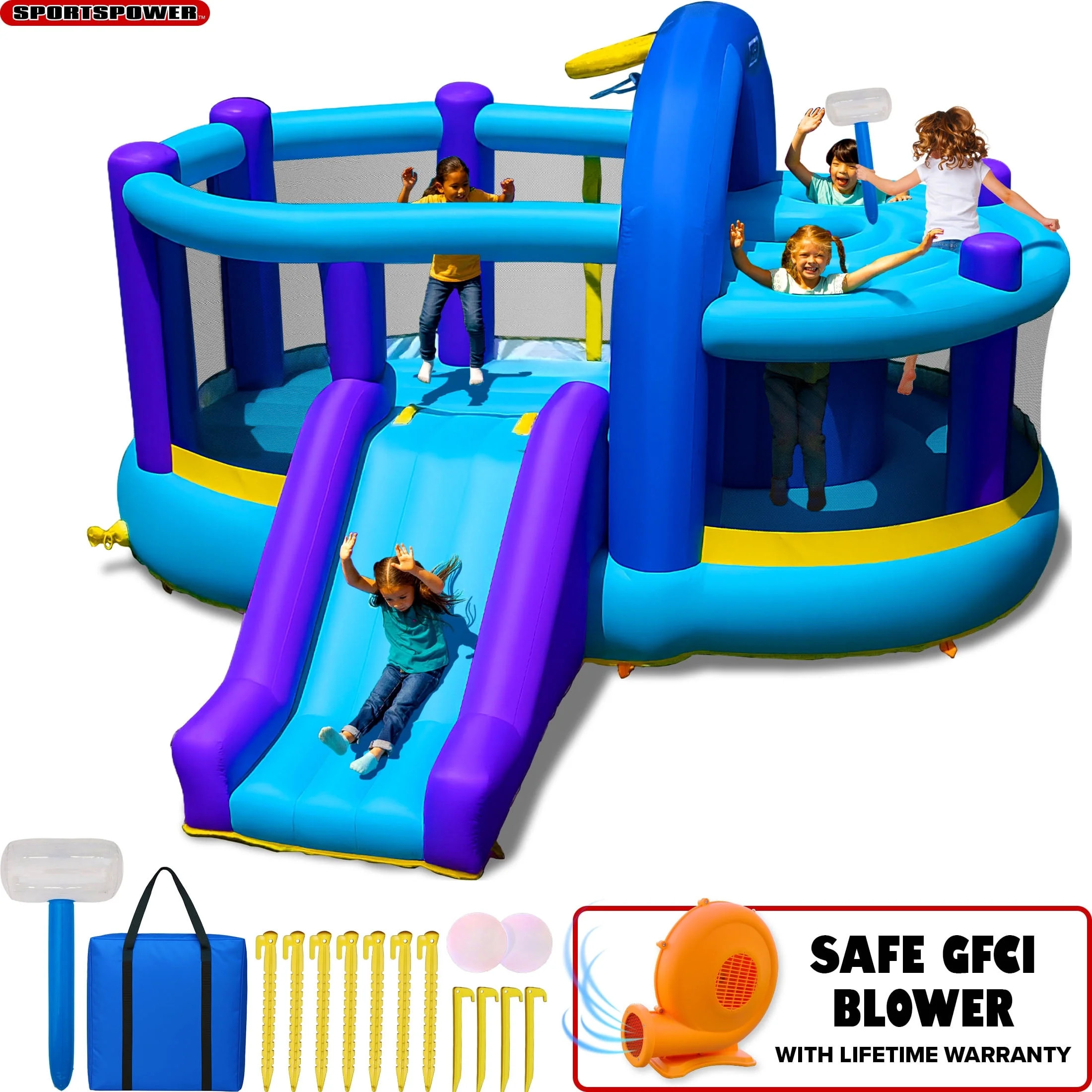 Sportspower Inflatable Bounce House with Slide, Whack-A-Play & Basketball Hoop, Kids Bouncer with... | Walmart (US)