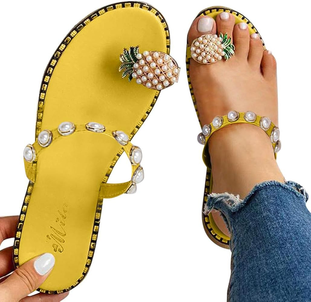 Challyhope Sweet Cute Pineapple Pearls Sandals Clip Toe Flip Flops Boho Casual Flat Slippers Beach S | Amazon (US)