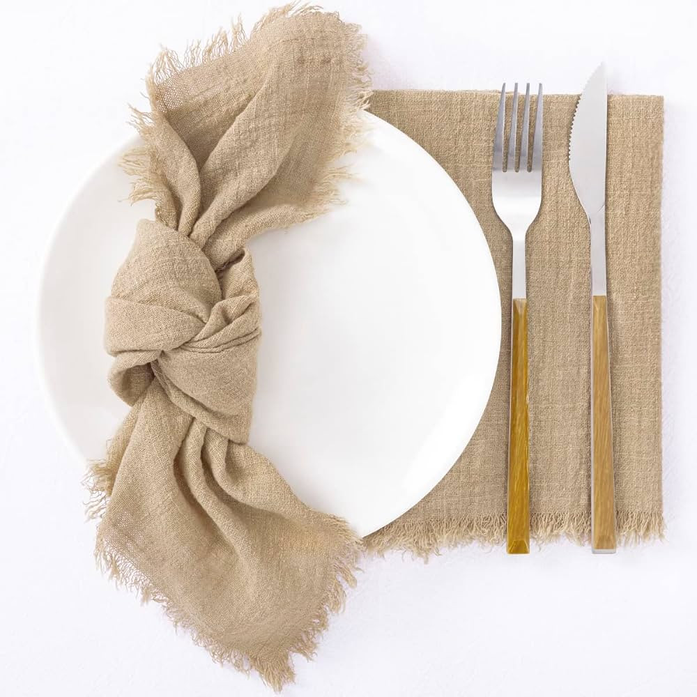 Socomi Handmade Cloth Napkins with Fringe Set of 12 Caramel Cotton Linen Napkins 18"x18" Rustic D... | Amazon (US)