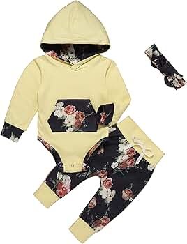 Newborn Baby Girls Clothes Long Sleeve Hooded Romper+Floral Pants+Headband Winter Outfit Set | Amazon (US)