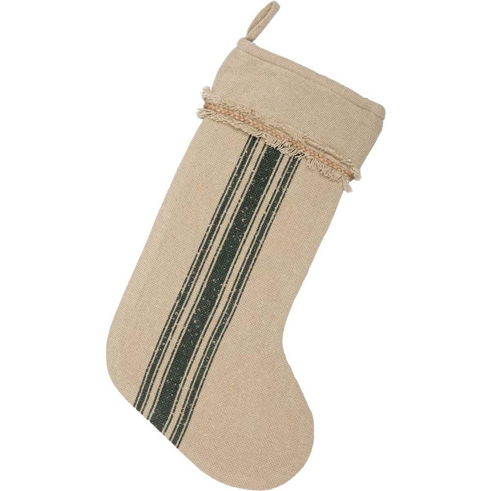 VHC Brands 20 in. Cotton Green Vintage Burlap Stripe Farmhouse Christmas Decor Stocking | The Home Depot