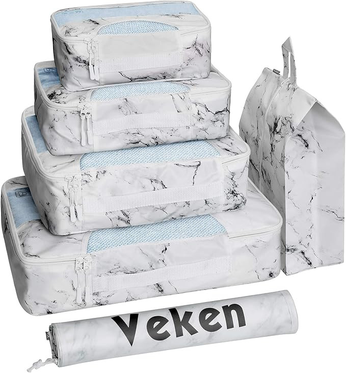 Veken 6 Set Packing Cubes, Travel Luggage Organizers with Laundry Bag Shoe Bag (White Mable) | Amazon (US)