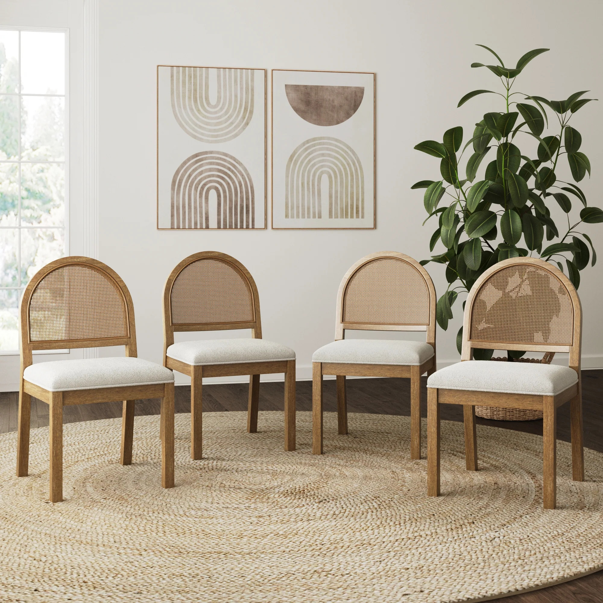 Boucle & Rattan Dining Chairs Light Brown (Set of 4) | Nathan James