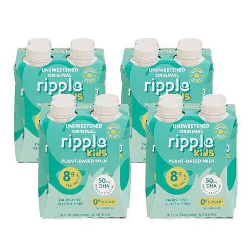 Ripple Kids Unsweetened Original Plant Based Milk | 8g of Quality Sourced Pea Protein, Calcium Rich | Shelf Stable | Vegan & Non GMO | Dairy, Soy, Nut, Gluten, & Lactose Free | 8 Fl Oz Cartons (Pack of 16) | Amazon (US)