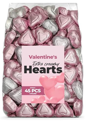Valentine’s Day Chocolate Hearts, 1 LB Bag, Approx. 45 Pieces, Silver and Pink Wrapped Milk Chocolates, Romantic Candy for Gifts, Party Favors, and Decorations | Amazon (US)
