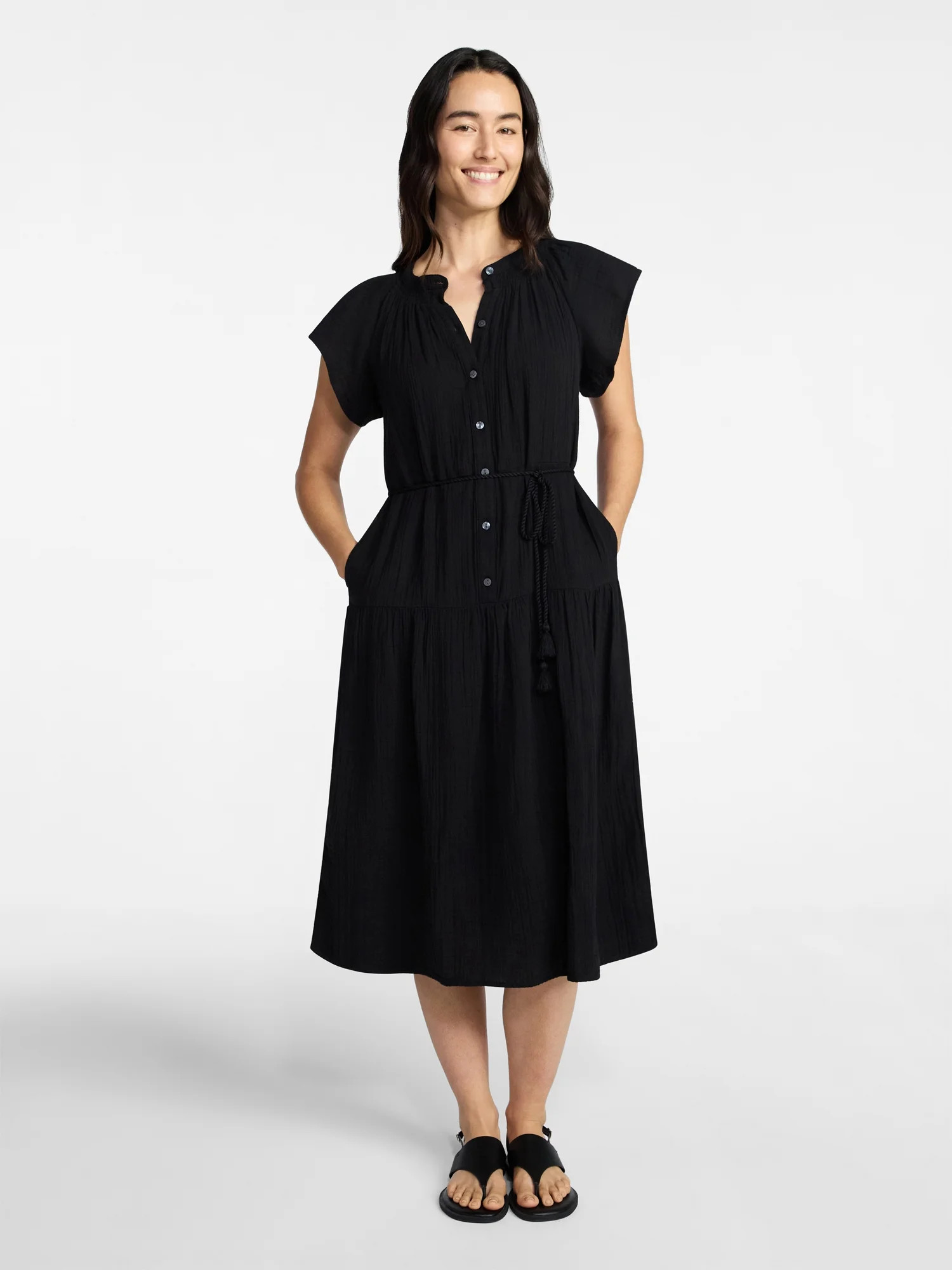 Time and Tru Women's Cotton Double Cloth Midi Dress with Short Flutter Sleeves, Sizes XS-XXXL | Walmart (US)