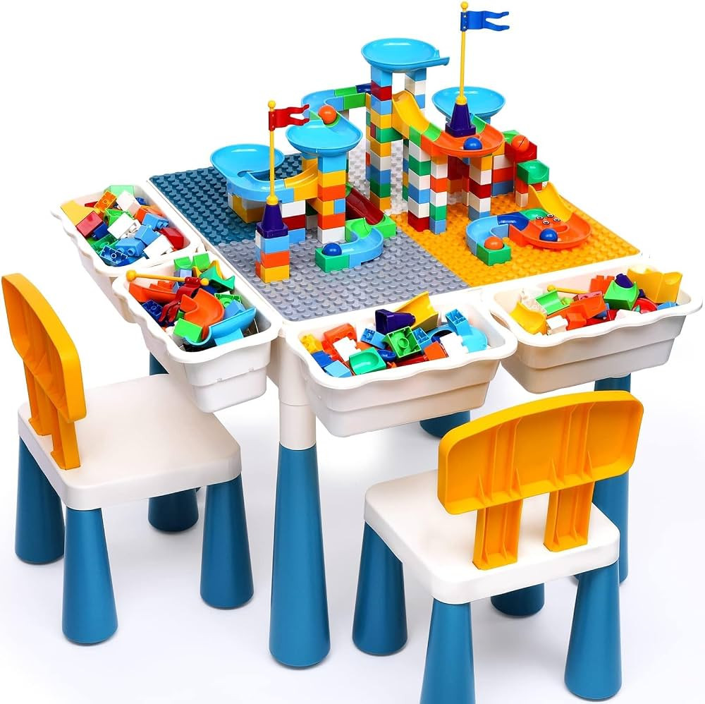 arscniek 7 in 1 Kids Activity Table and Chair Set with 152Pcs Large Marble Run Building Blocks, S... | Amazon (US)