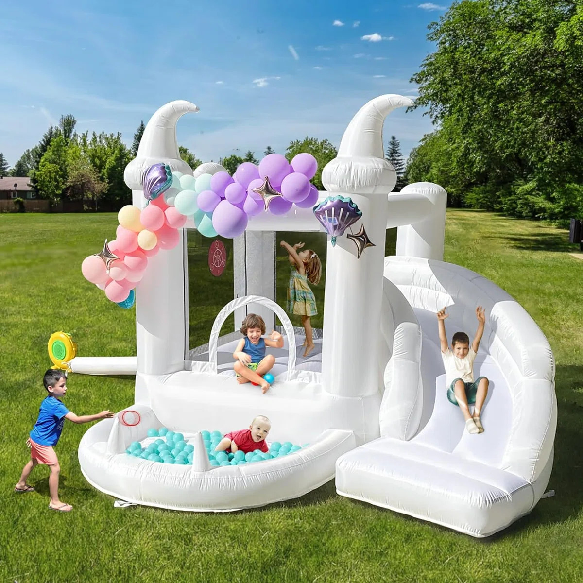 White Bounce House With Slide & Ball Pit Wizard Bouncy Castle With Air Blower (wizard Magic Hat D... | Wayfair North America
