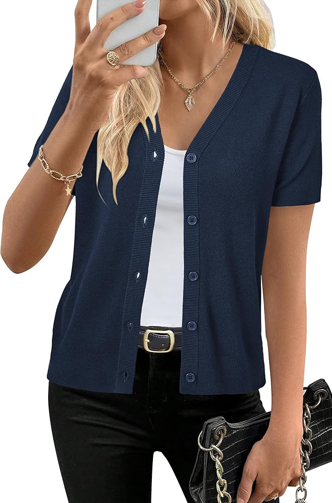 Arach&Cloz Women's Wool Blend Short Sleeve Lightweight Cardigan Business Casual Summer Sweaters T... | Amazon (US)