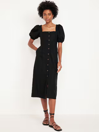 Linen-Blend Button-Front Midi Dress | Old Navy (US)