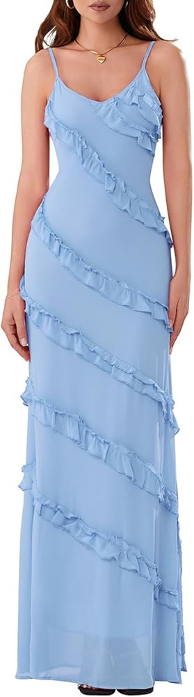 Juakoso Women Y2k Spaghetti Strap Maxi Dress Low Cut Ruffle Cami Long Dress Open Back Bodycon Dre... | Amazon (US)