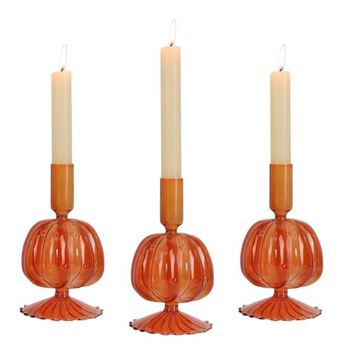 NEEDOMO Fall Decorations for Home, Set of 3 Glass Pumpkin Candlestick Holders for Thanksgiving Decor, Taper Candle Holder Fall Centerpieces for Tables Mantels Windows Indoor | Amazon (US)