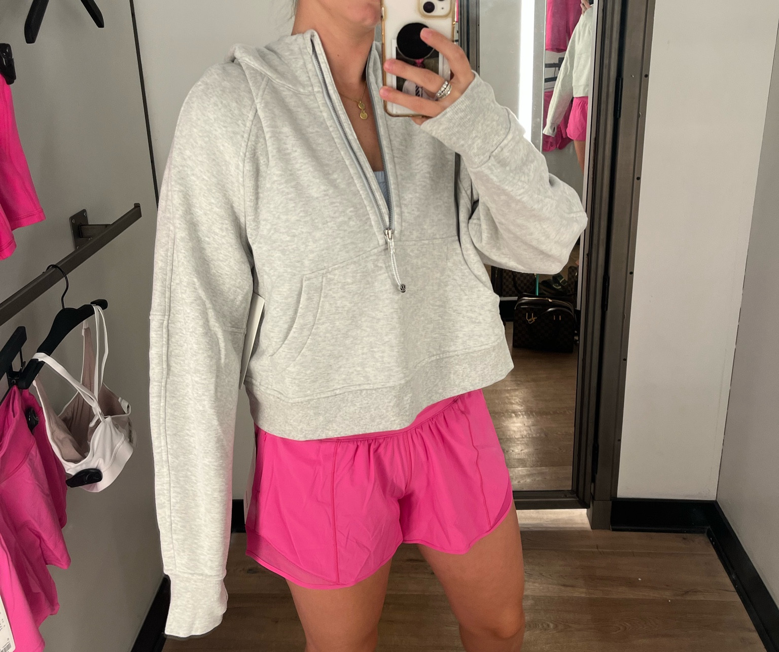 Excuse the mirror selfie! I went home with this outfit. I am obsessed with the color of the shorts and I LOVE the sweatshirt. It is so soft!! 

#LTKfindsunder100 #LTKstyletip #LTKfitness
