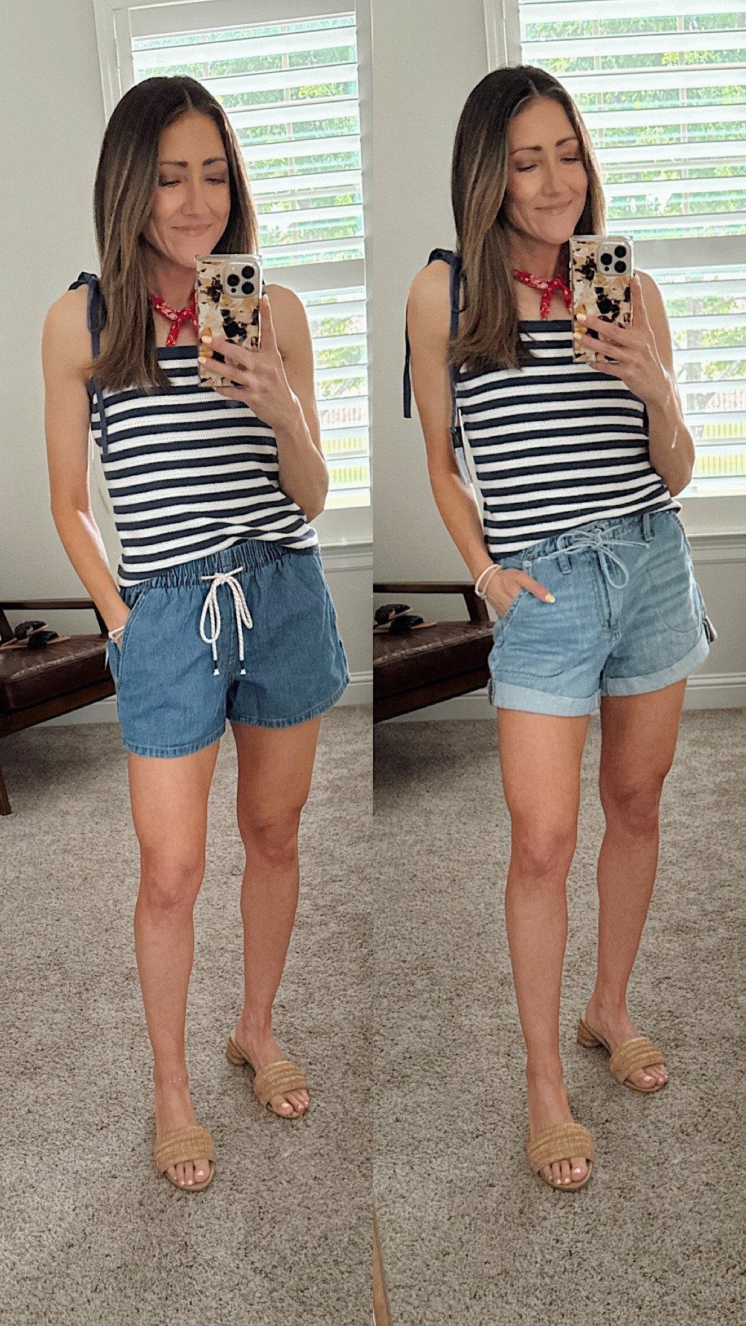 Two very similar drawstring jean shorts. BOTH 20% off right now!

#LTKMothersDay #LTKootd #LTKmomlife