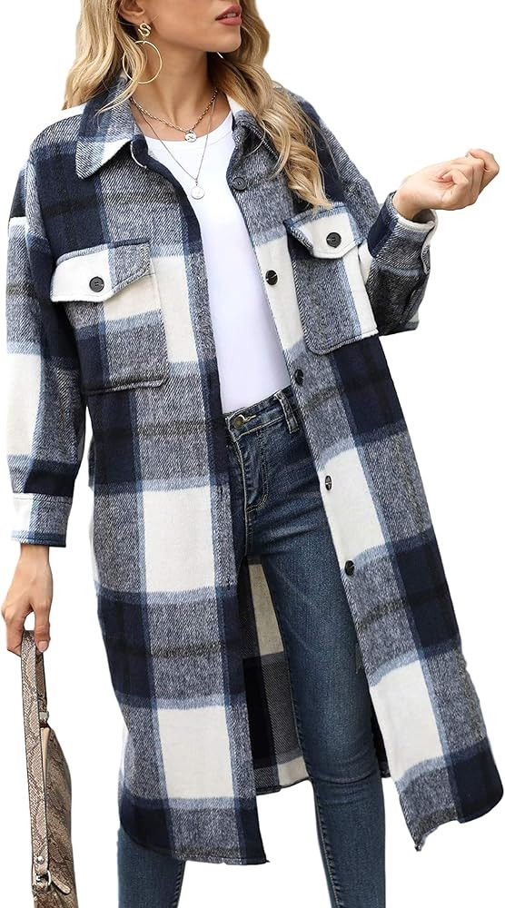 Yeokou Women's Casual Loose Plaid Wool Blend Button Down Shirt Jacket Coat Shacket | Amazon (US)