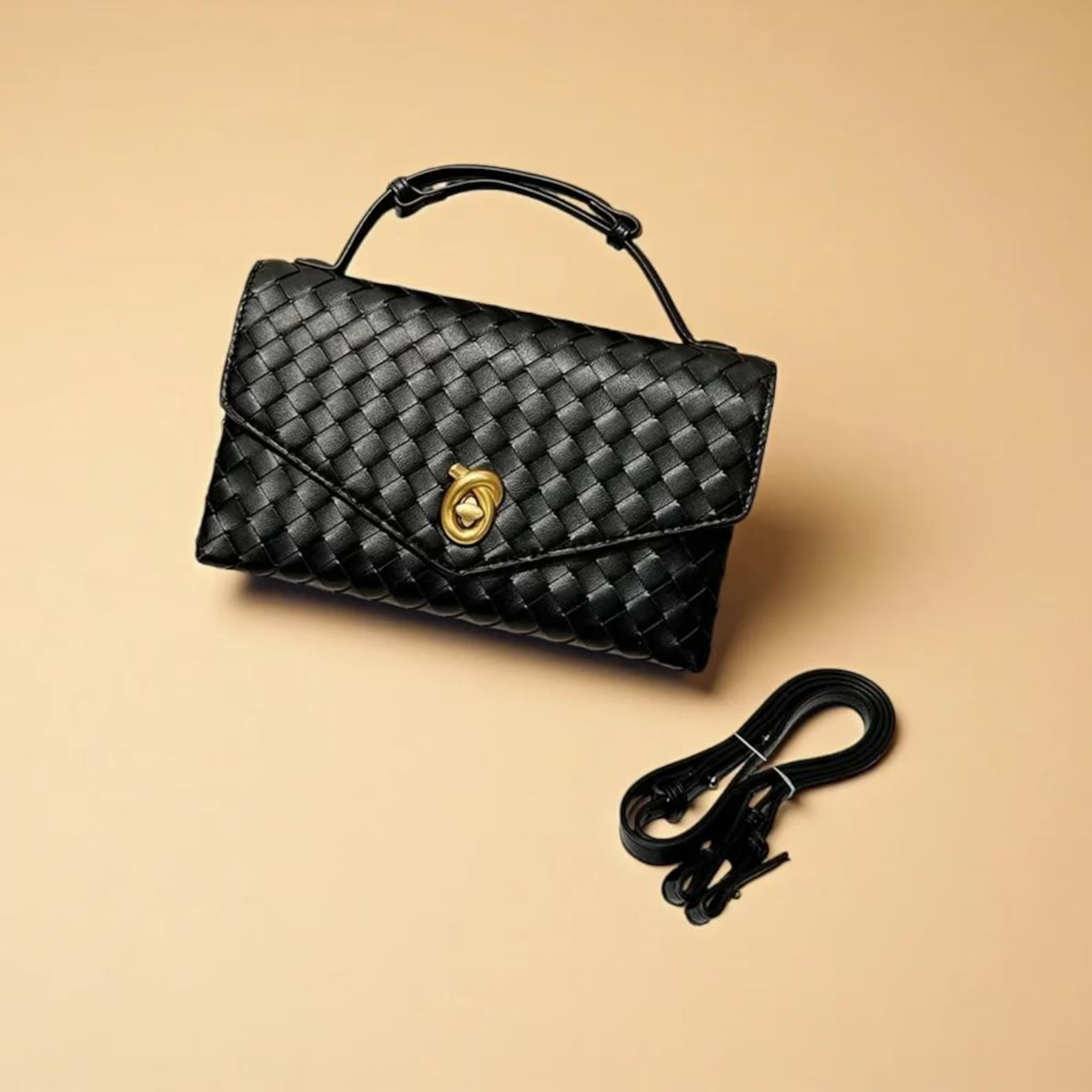 Intrecciato Lambskin Crossbody Bag - Brass Knot Lock, Detachable Long Strap | Etsy (US)