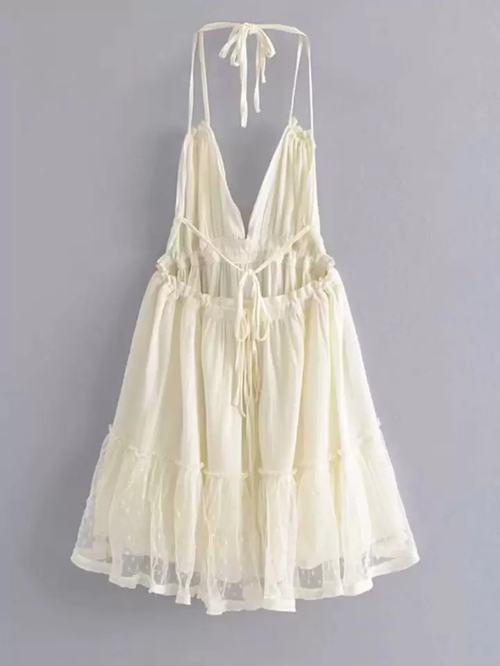 SHEIN WYWH Dobby Mesh Self-Tie Ruffled Halter Dress | SHEIN