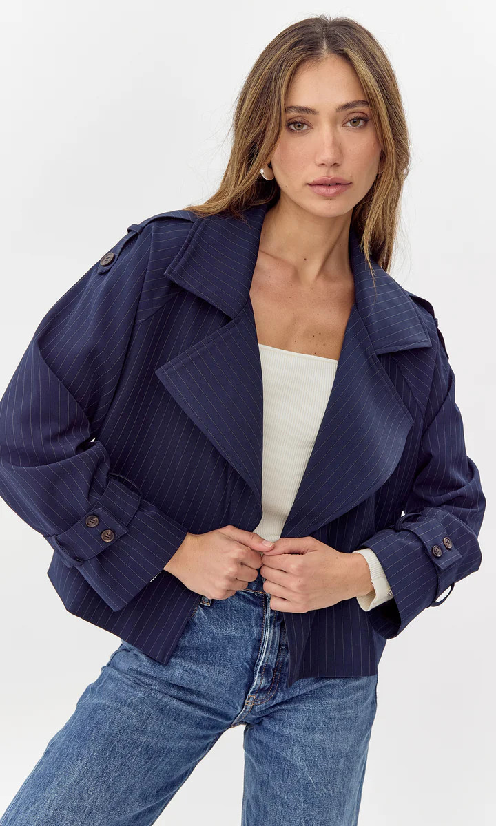 Tessa Pinstripe Cropped Trench Coat | Greylin Collection | Women's Luxury Fashion Clothing 