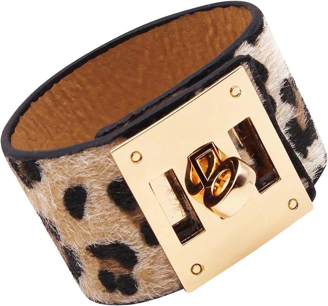 Wide Cuff Leopard Print Leather Wrap Bracelet Unisex 23cm 9 inch Length | Amazon (US)