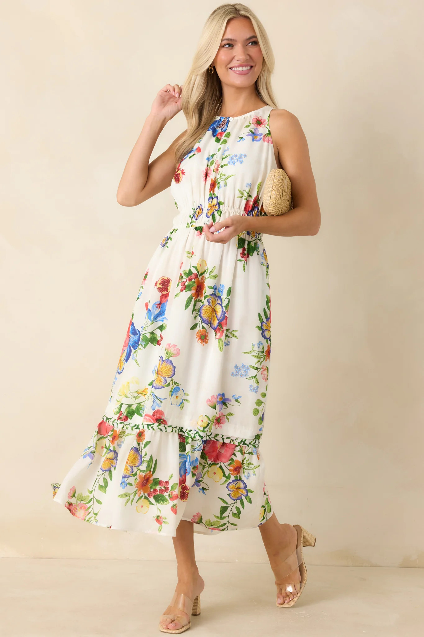 Pick Me Pretty Ivory Multi Floral Sleeveless Midi Dress | Red Dress