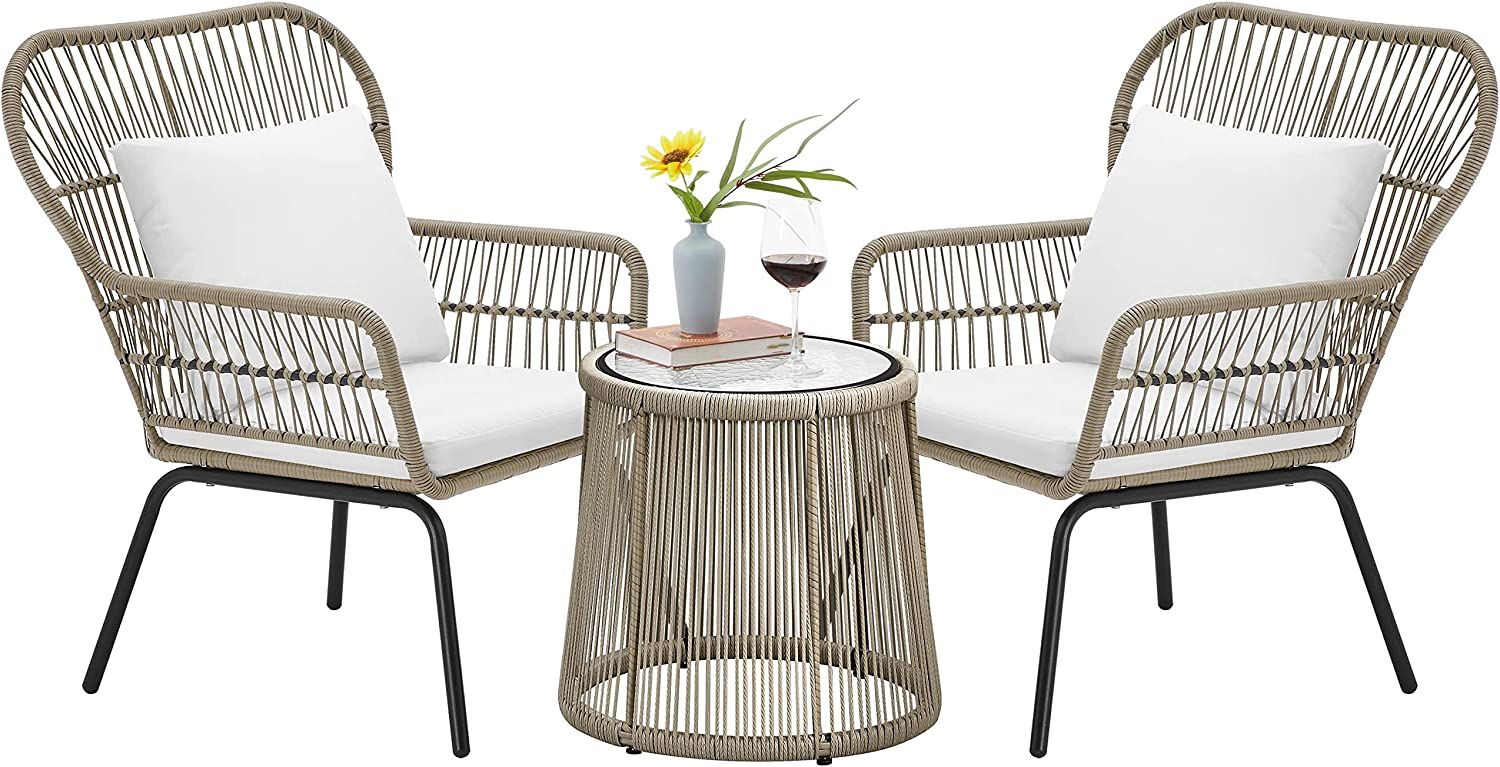 Yaheetech 3 Piece Patio Furniture Set Bistro Set, Outdoor All-Weather Wicker Furniture with Cushions | Amazon (US)